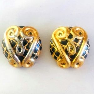 Rochas Paris Huge Gold Vintage Clip On Earrings Chunky Black Enamel